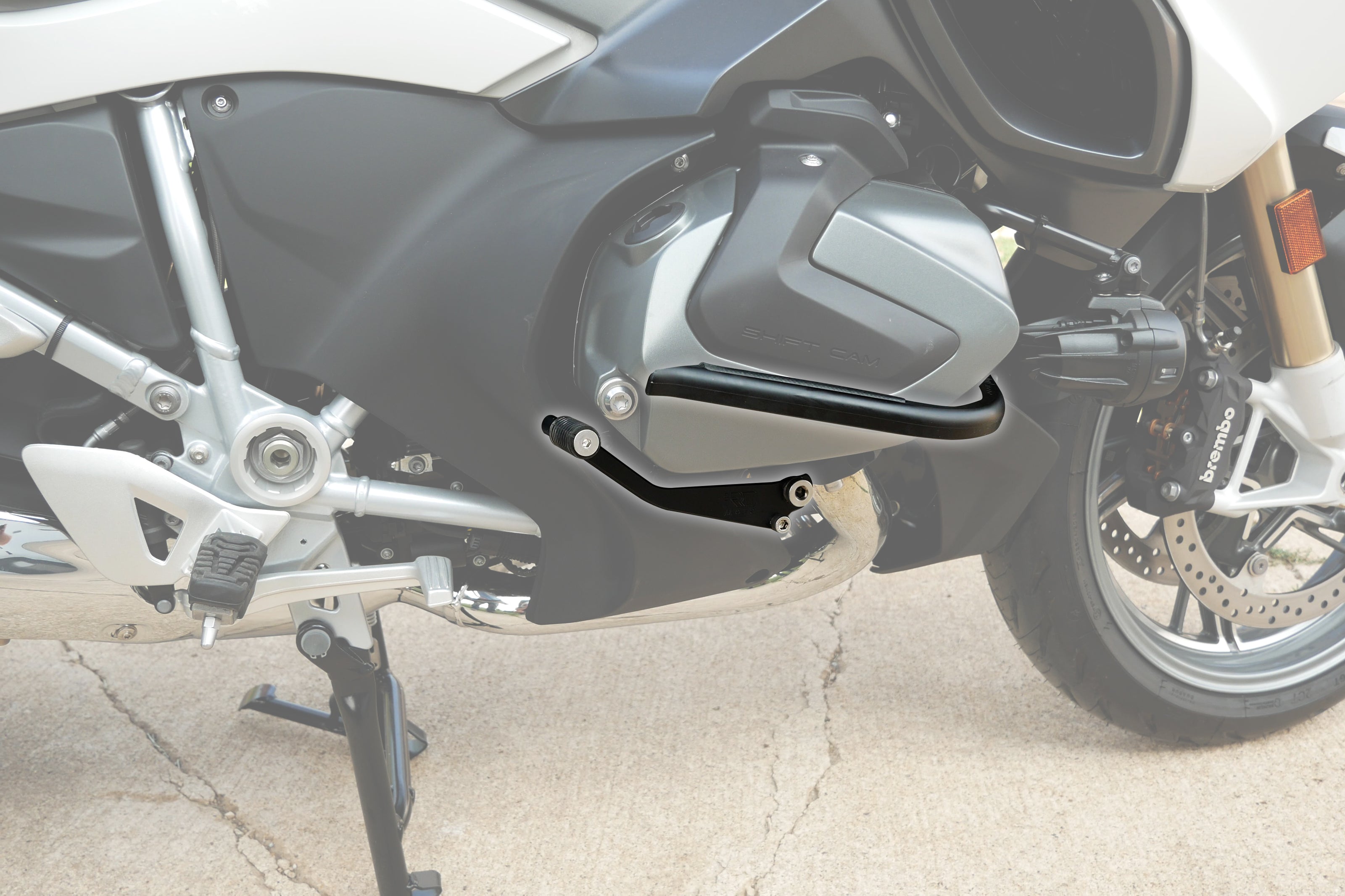 Sleek design of BMW motorcycle highway pegs for BMW R1250GS.